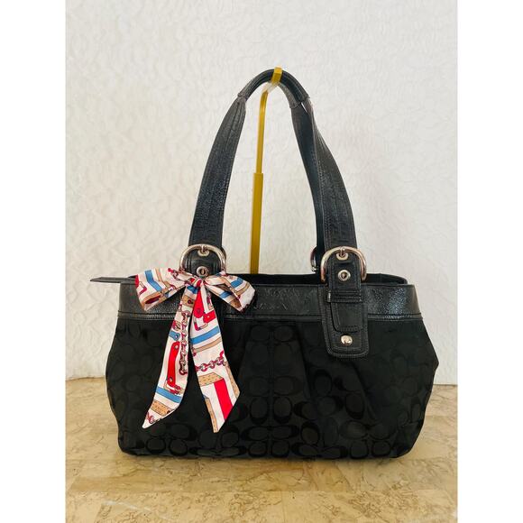 Vtg COACH black soho canvas patent trim Y2K pleated bag tote F13742 - Picture 1 of 8